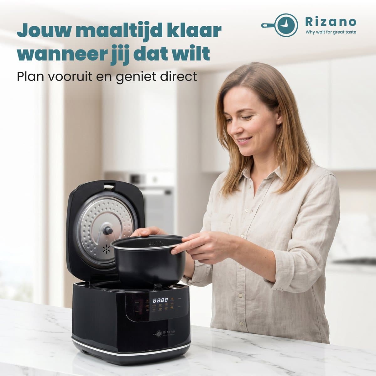 Rizano® Rijstkoker Zwart - 1-4 Personen - Multicooker - Slowcooker - Rice Cooker Klein 2L - Rijststomer - Rijstkoker met Stomer - Soep, Stoofpot & Cake - Anti-aanbak met 3D Warmteverdeling - Touchscreen en 5 Functies thumbnail 6