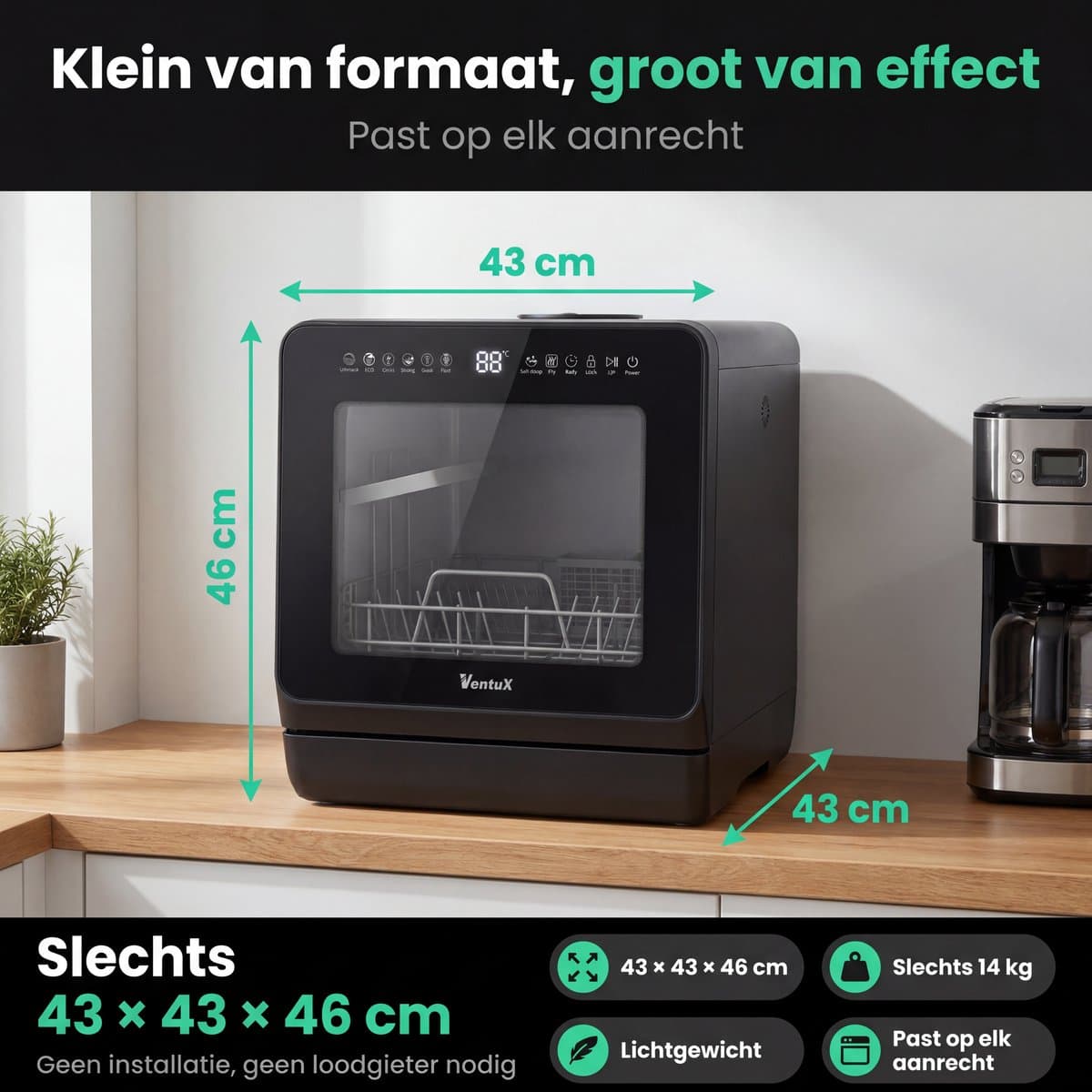 Ventux Mini Vaatwasser met Waterreservoir - 4-6 Couverts - 8 Programma's - Kleine Smalle Vrijstaande Vaatwasser - Mini Afwasmachine met UV-sterilisatie - Camping - Zwart thumbnail 7