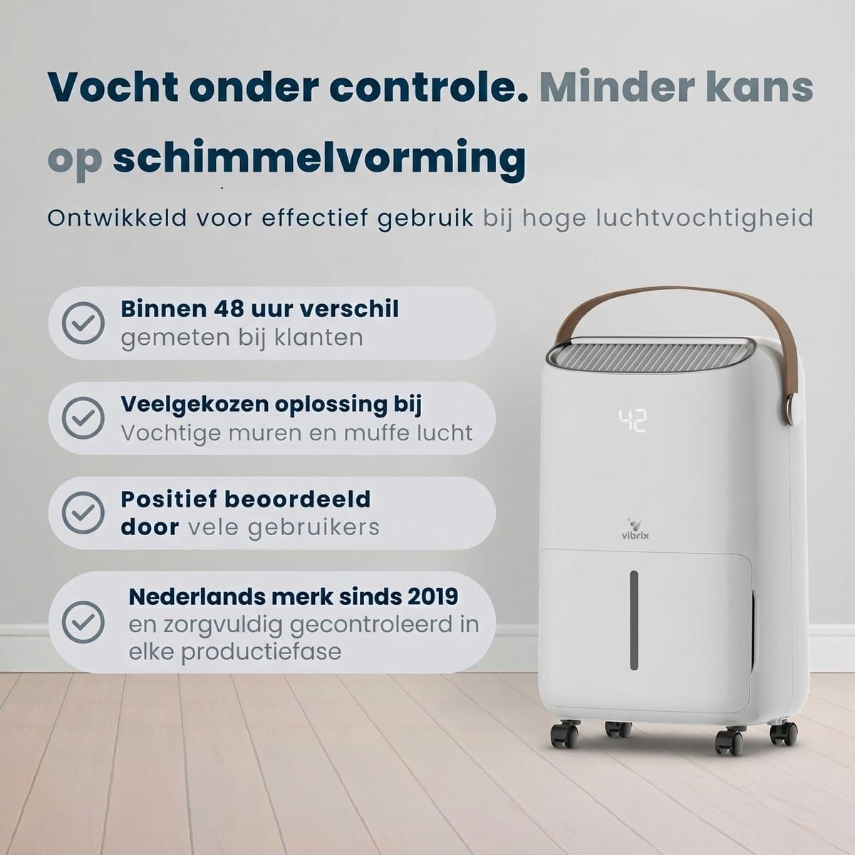 Vibrix DryFlow12 Luchtontvochtiger – 12L per dag – Wasdroogfunctie – Stil & Energiezuinig – Ontvochtiger voor Badkamer, Kelder, Zolder & Slaapkamer – Slimme Dehumidifier thumbnail 6