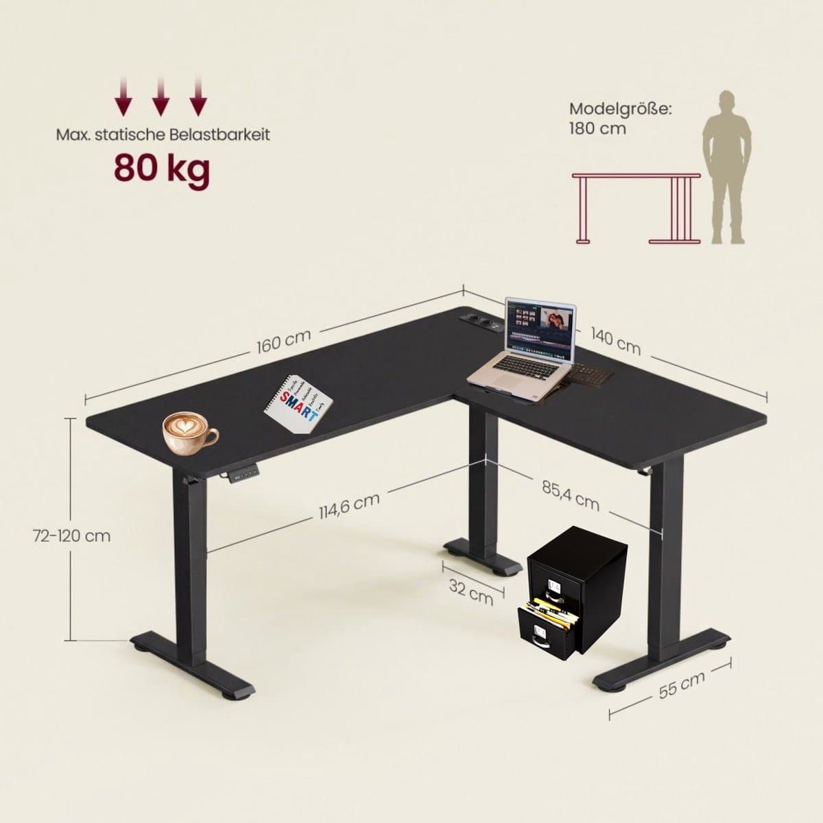 Signature Home Zit-Sta Bureau - Elektrisch in hoogte verstelbaar hoekbureau met laadstation - hoekbureau L vormig - 160 x 140 cm - zwart thumbnail 4