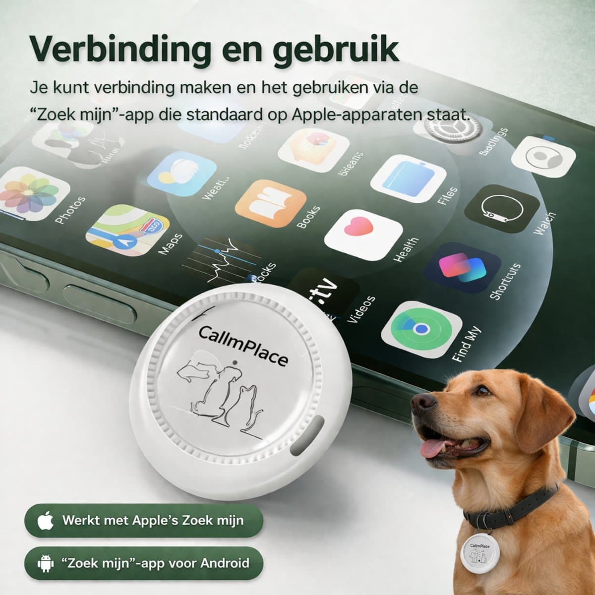 CallmPlace Huisdier Tracker – GPS Tracker voor Hond & Kat – Apple Zoek Mijn – Bluetooth – Zonder Abonnement – Sleutel Finder thumbnail 2