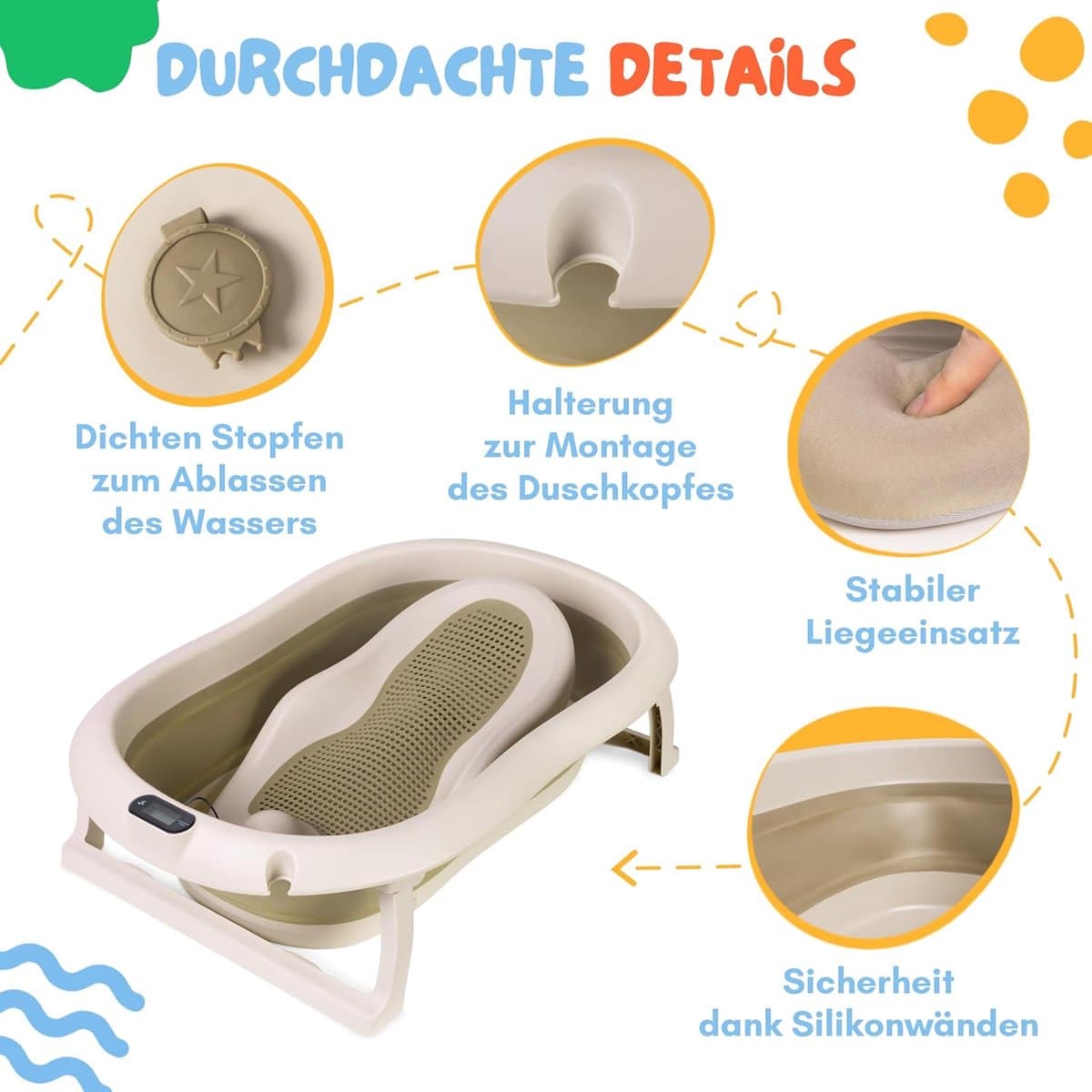 moovkee. Opvouwbaar Babybad 80 cm Beige - Babybadewanne met Thermometer en Badesitz - Antislip Draagbare Babybadkuip voor 0-36 Maanden thumbnail 2