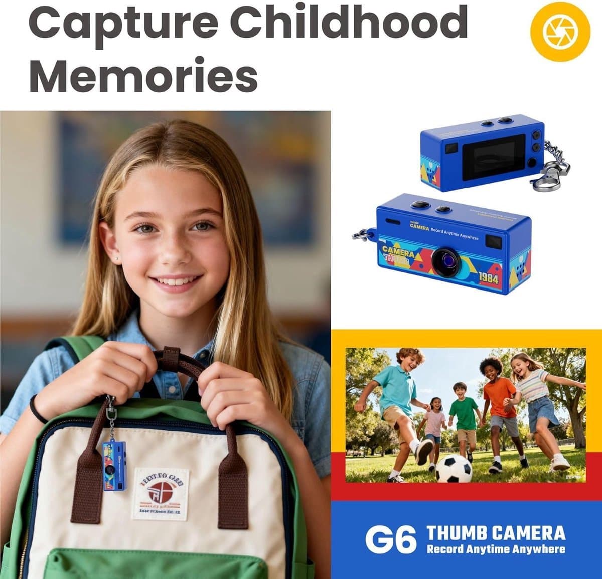 Cadeaus Retro Sleutelhanger Duimcamera Tasbedel Mini Duimcamera Sleutelhanger met 1080P HD Video-opname Rugzak CCD Digitale Camera - Geel + SD kaart thumbnail 5