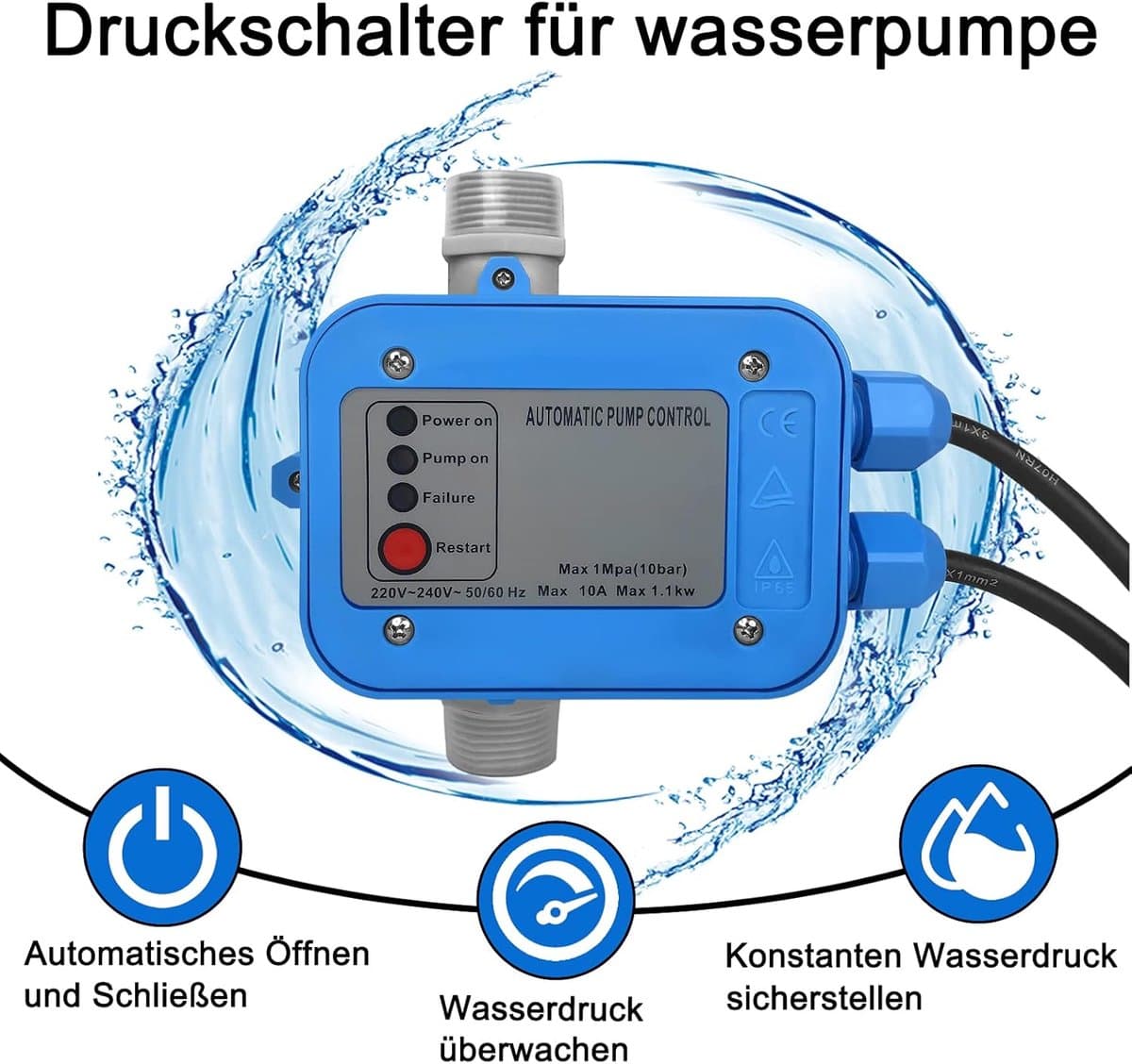 Automatische Drukschakelaar voor Waterpomp 10 bar – Pompbesturing 1,1 kW IP65 - Constante Waterdruk voor Huis & Tuin thumbnail 7
