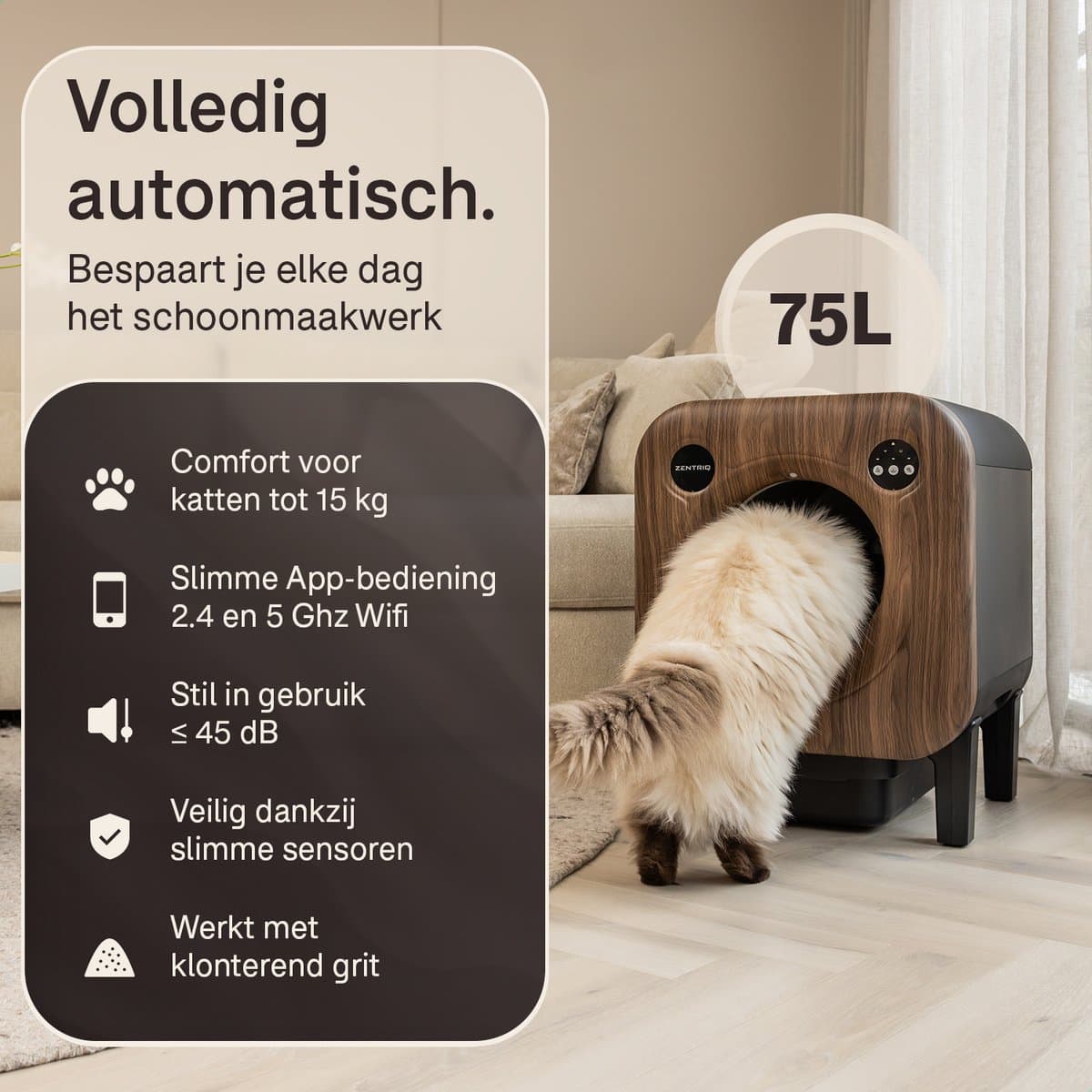 Zentriq Automatische Kattenbak – Zelfreinigend met App & 4k Camera – Cat Pod Q10 - XXL 75L – Stil & Veilig – Incl. Mat en 3 Rollen Opvangzakken thumbnail 2