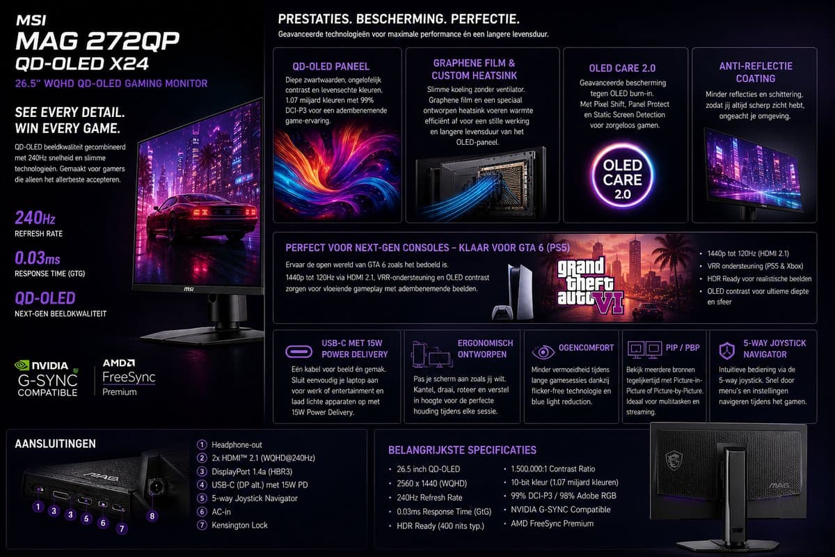 MSI MAG 272QP QD-OLED X24 - QHD OLED Gaming Monitor - 240hz - HDMI 2.1 - USB-hub - USB-C 15w - 27 inch thumbnail 3