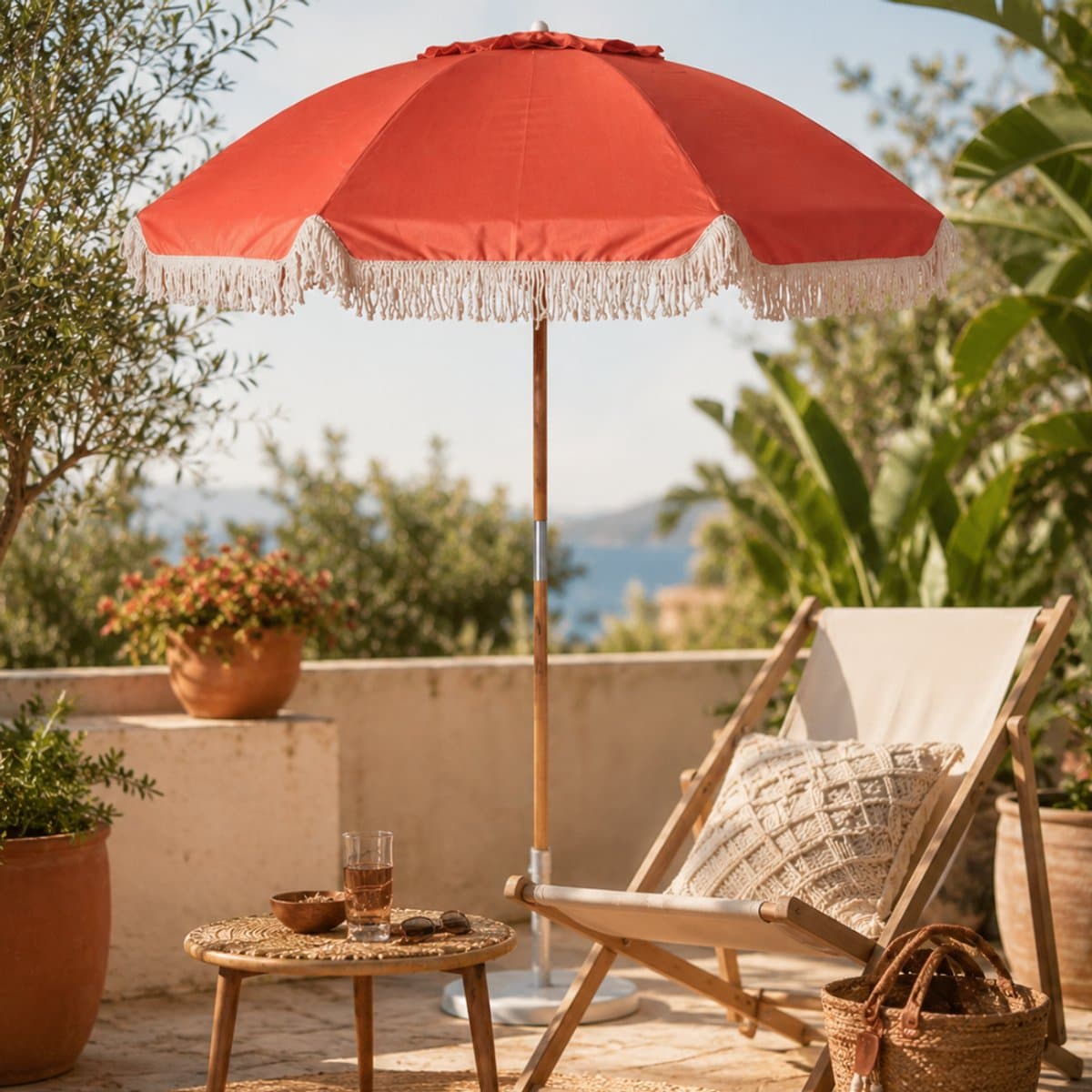 HIXA Parasol met Franjes - Houten paal - Stokparasol - Terra Bruin - 180CM - Strandparasol - Tuin Accessoires - Balkon parasol - Bohemian - Ibiza - Stokdiameter 3cm - CHARLIE thumbnail 3