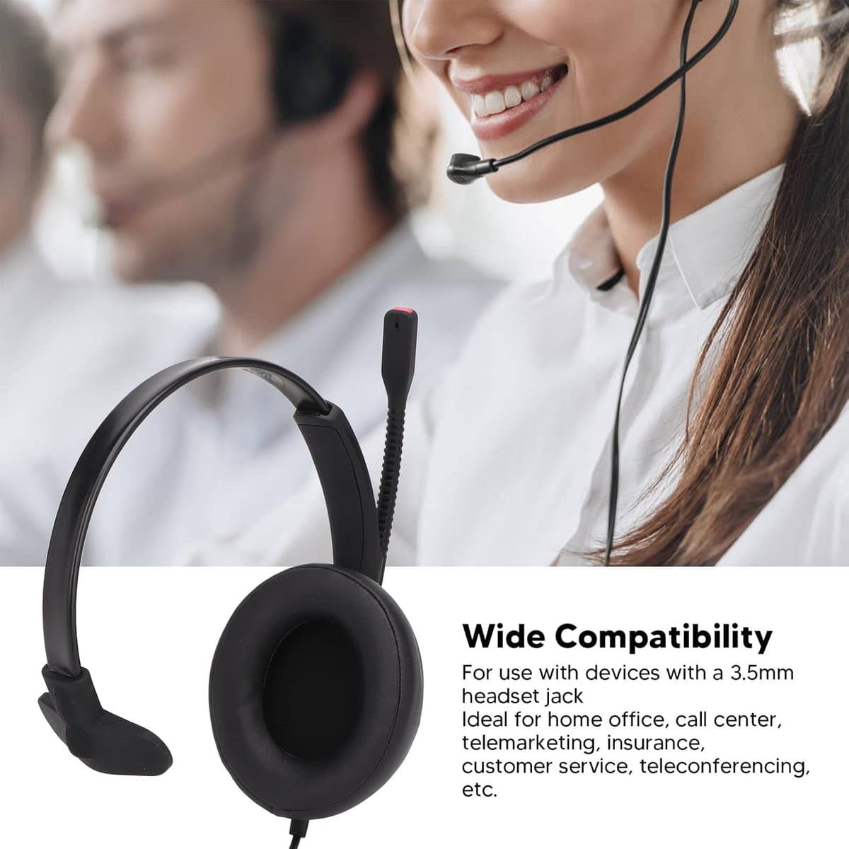 Bedrade Headset - Mono Oortelefoon - Klantenservice Bellen - Ruisonderdrukking HD - Dubbele 3.5mm - Zwart thumbnail 2