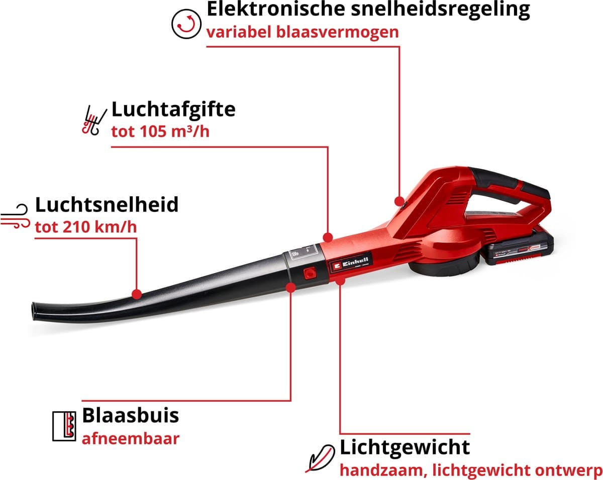 Einhell Accu Bladblazer GE-CL 18 E Li Kit - Power X-Change - 18 V/Li-ion - Blaassnelheid: 210 km/h - Incl. 2.0 Ah Accu en lader thumbnail 2