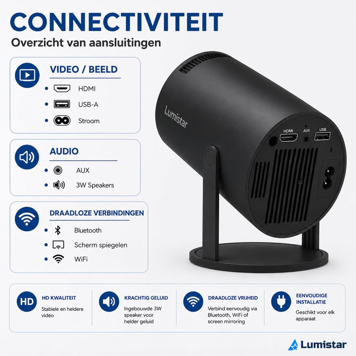 Lumistar® Premium Mini Beamer - Alles-in-één Smart TV Projector - 2026 model - Android 13.0 - WiFi 6 & Bluetooth 5.2 - 4k support - Beamer - Home Cinema - Wit thumbnail 7
