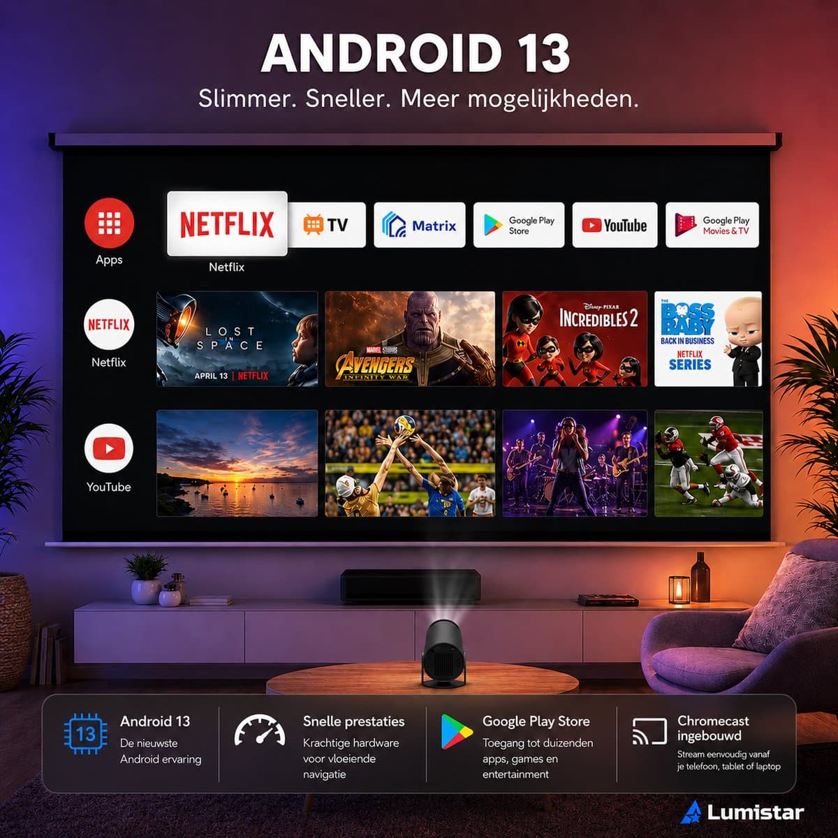 Lumistar® Premium Mini Beamer - Alles-in-één Smart TV Projector - 2026 model - Android 13.0 - WiFi 6 & Bluetooth 5.2 - 4k support - Beamer - Home Cinema - Wit thumbnail 4