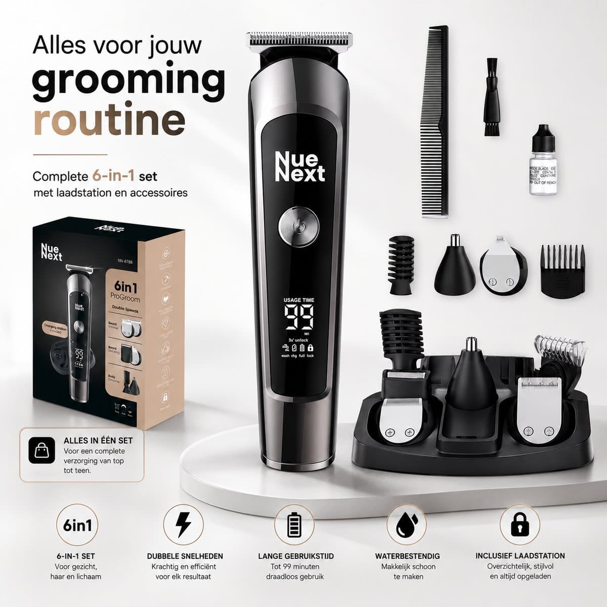 NueNext 6 in 1 Baardtrimmer Mannen PRO - Trimmer Baard & Lichaam - Neustrimmer - Bodygroomer - IPX6 Waterdicht - Incl. 6 opzetstukken thumbnail 4