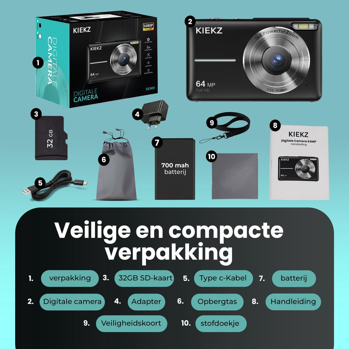 Kiekz Digitale Camera 64MP - Fotocamera Full HD - Compact Camera - Fototoestel - Autofocus - Ideaal voor Kinderen en Beginners - Inclusief 32GB SD Kaart - Zwart thumbnail 6
