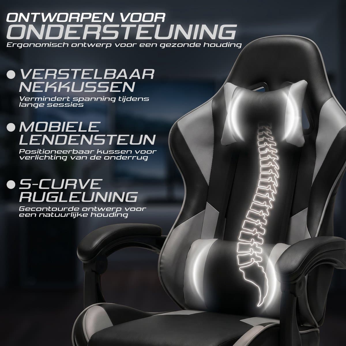 Gaming Stoel – Comfortabele Gamer Chair – Zwart/Grijs – Verstelbaar thumbnail 4