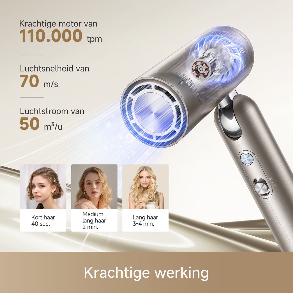 Dreame Pocket Pro - Goud - Professionele Haardroger 110.000 TPM - Snel drogen - Stil - Lichtgewicht - Alle haartypen - Negatieve Ionen - Compact - - 2026 version thumbnail 7