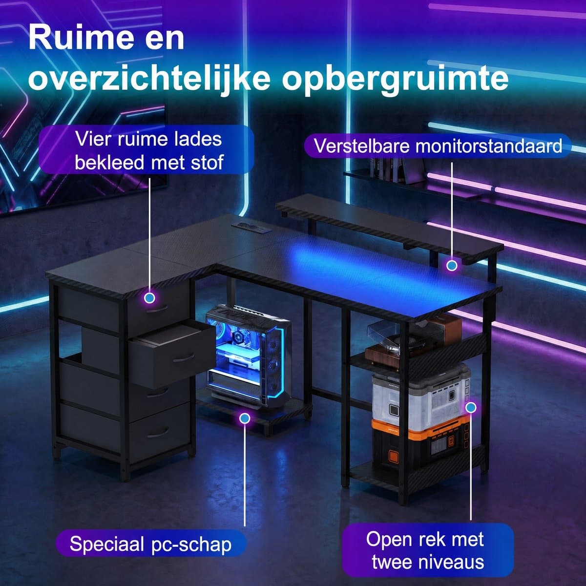 Devoko L-Vormig Gaming Bureau 135 x 50/40 x 73.5/88.5 cm – Met RGB LED-Lichtstrook – 12 mm E1 Spaanplaat – Koolstofvezel Zwart – Inclusief EU Stekkerdoos met 2 USB – Zwart