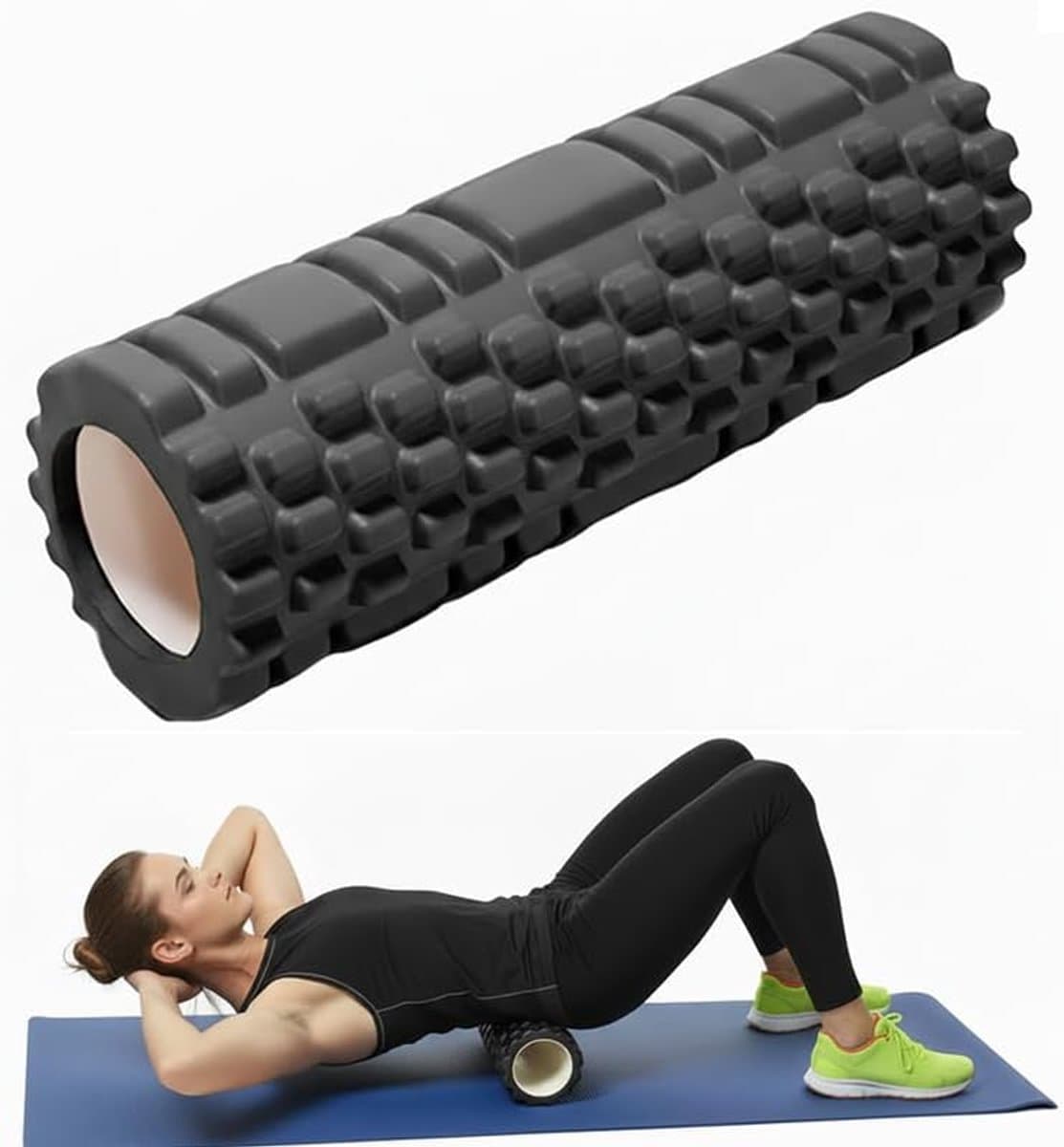 Foam Roller - Schuimroller - Yoga Grid Foam Roller - Massage Roller - Foamroller - Fitness Roller - Fasciarol wervelkolom - schuimroller met 3D - voor zelfmassage, spierspanning, fasciarol voor yoga, sport, fitness, pilates - 10x30 cm - Zwart
