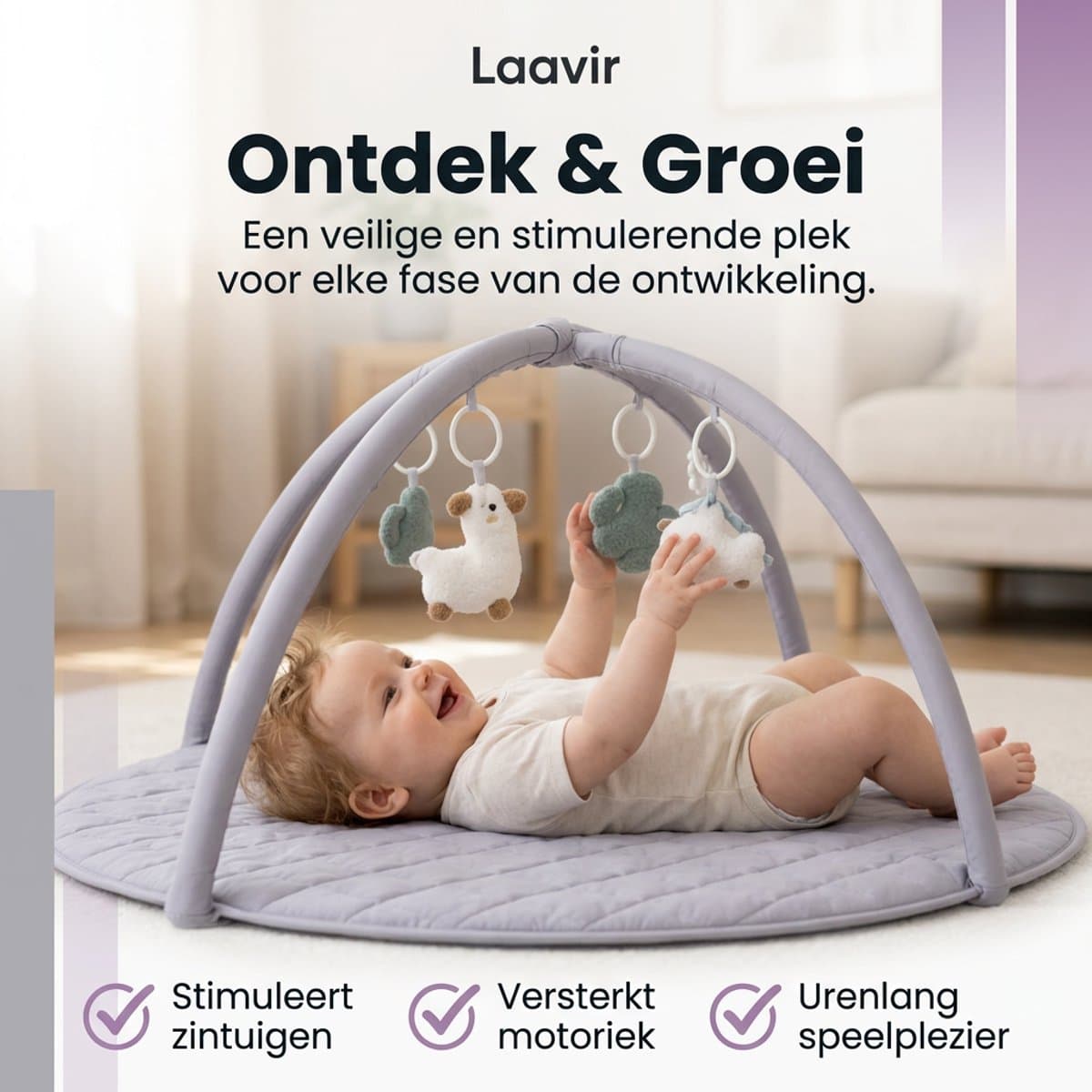 Laavir Baby Speelkleed met Boog - Ronde Babygym Grijs - Zacht en Comfortabel speelmat - Voor Pasgeboren Baby’s thumbnail 6