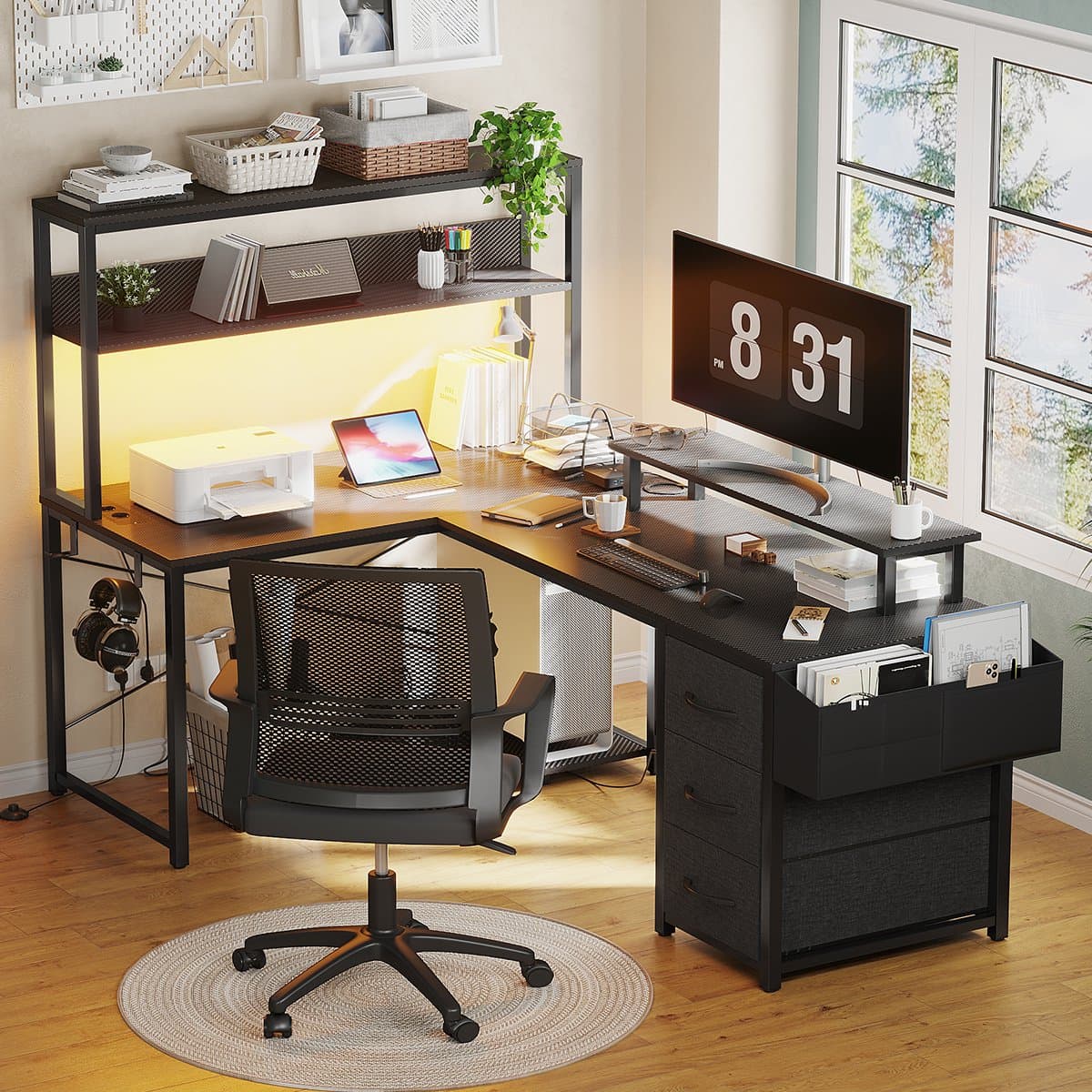 Gaming Bureau met LED Verlichting - 148x100x148 cm - L-Vormig Hoekbureau met Stopcontact - 3 Non Woven Lade - Gaming Desk - Computer Tafel - Gaming Tafel - met Opbergplanken, Tas & IJzeren Haak - Zwart - Bureau voor Gamen, Studeren en Werken thumbnail 3