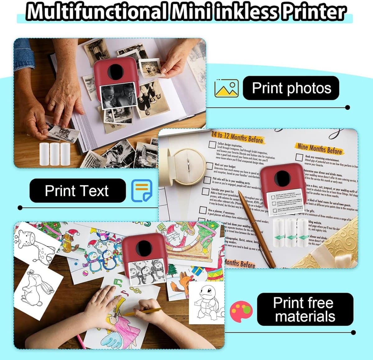 Mini Printer - Draagbare Printer - Foto's Printen - Inclusief 10 Rollen Papier - 82 x 82 x 45 mm thumbnail 6