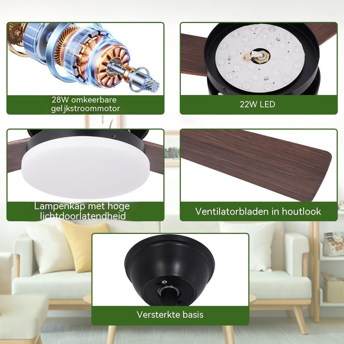 Glitzerlife - Plafond ventilator met verlichting - Stille plafondventilator - Stille Houtlook LED - Dimbaar Met Afstandsbediening - 6 Snelheden Timer - Omkeerbare DC Motor - Ø131cm - Bruin thumbnail 2