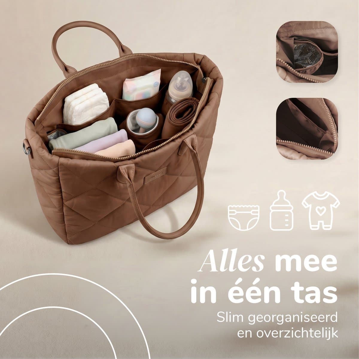 Mommsy Luiertas – Verzorgingstas – Thermo Vak – Gewatteerde Puffer Stof – Extra Ruim – Waterafstotend – Organizer – Lichtgewicht – Bruin thumbnail 3