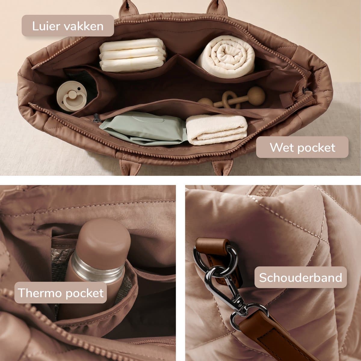 Mommsy Luiertas – Verzorgingstas – Thermo Vak – Gewatteerde Puffer Stof – Extra Ruim – Waterafstotend – Organizer – Lichtgewicht – Bruin thumbnail 6