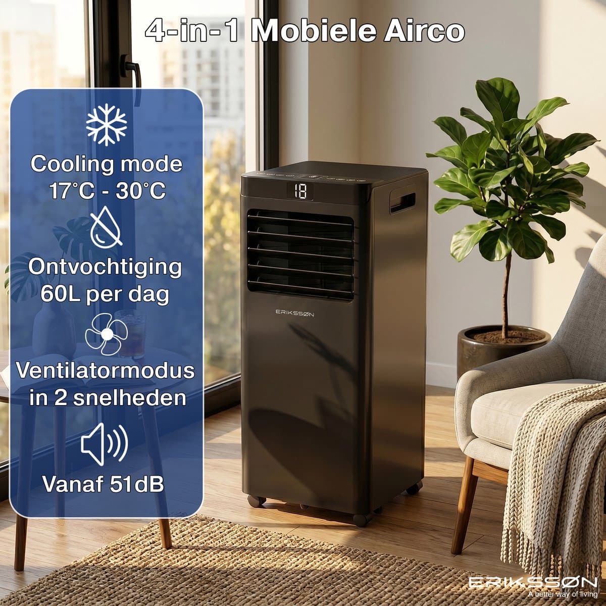Erikssøn Mobiele Airco - 10.000 BTU - Incl. Raamafdichtingskit - Tot 30m² - 4-in-1 - Airconditioning - Ventilator - Ontvochtiger - Zwart thumbnail 4