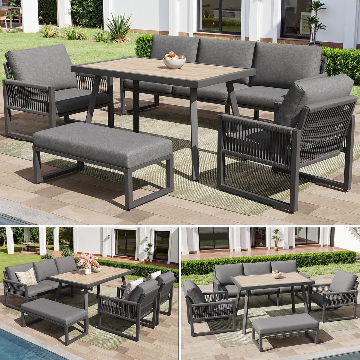 Loungeset Tuin 6-7 Personen met Eettafel - Tuinmeubelset met 3-Zits Bank, 2 Fauteuils en Bankje - Weerbestendige Lounge Dining Set voor Tuin, Terras en Balkon - Grijs thumbnail 2