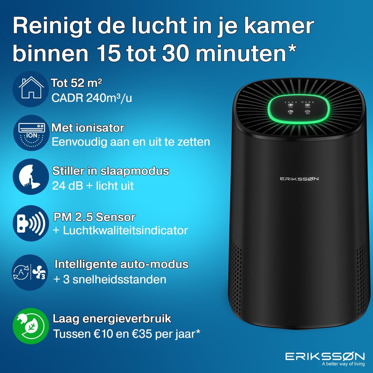 Erikssøn Luchtreiniger Elite - Zwart - 240 m3/u - Vermindert Stof En Pollen - Hepa 14 Filter - Instelbare Ionisator - Air Purifier - Extra stil in slaapmode - Clean Air thumbnail 2