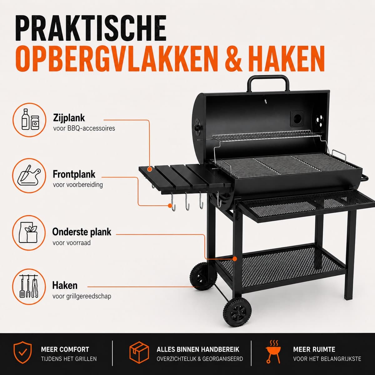 Houtskool BBQ - Smoker Barbecue XL - BBQ met Wielen - 70x37cm Grilloppervlak - Zijpanelen - Zwart thumbnail 3
