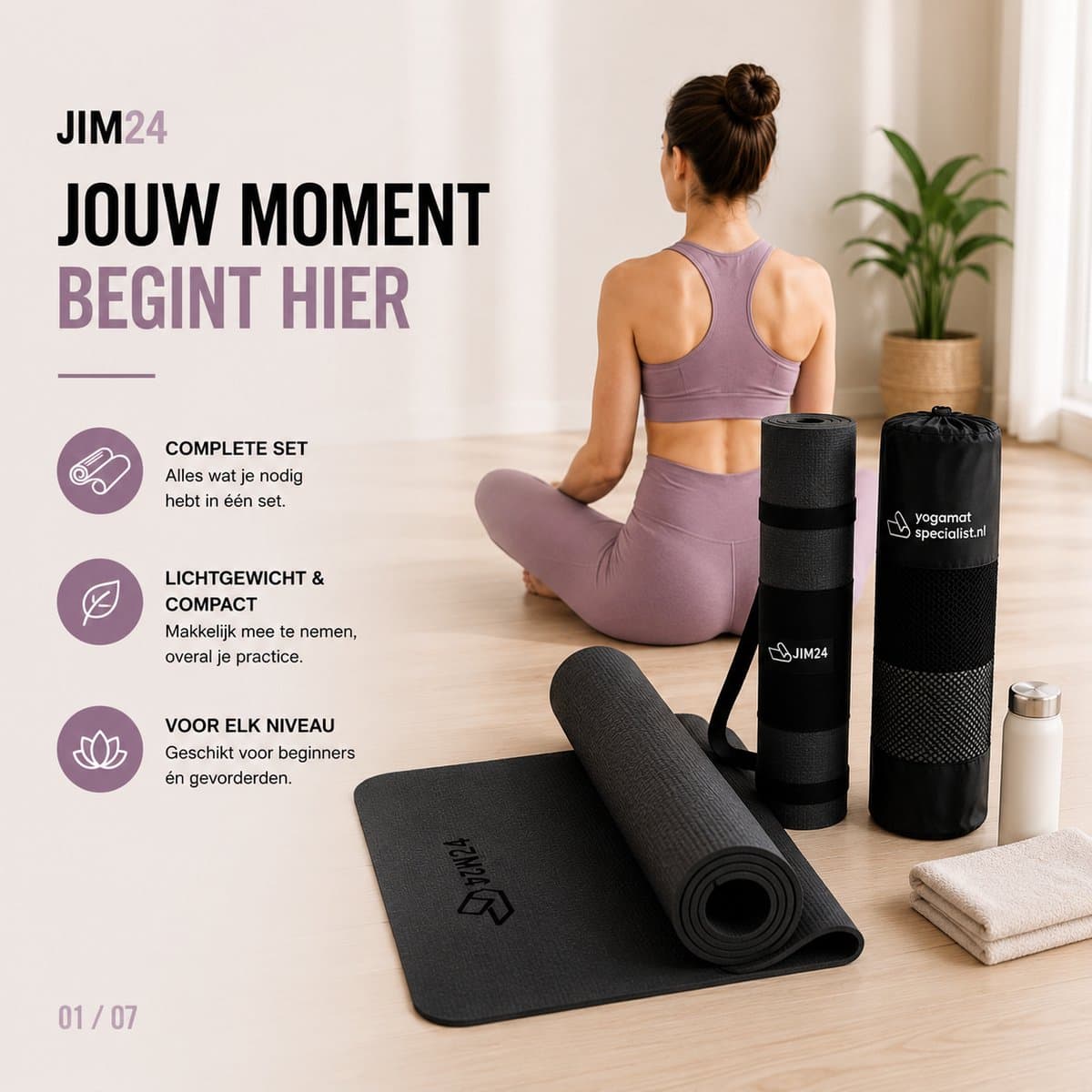 Jim24 Yogamat - Yoga Mat Antislip - Fitness Mat - Sportmat - Pilates Mat - Slijtvast - Extra Dikke Gym Mat - Duurzaam TPE - Incl. Draagtas en Riem - Zwart thumbnail 2