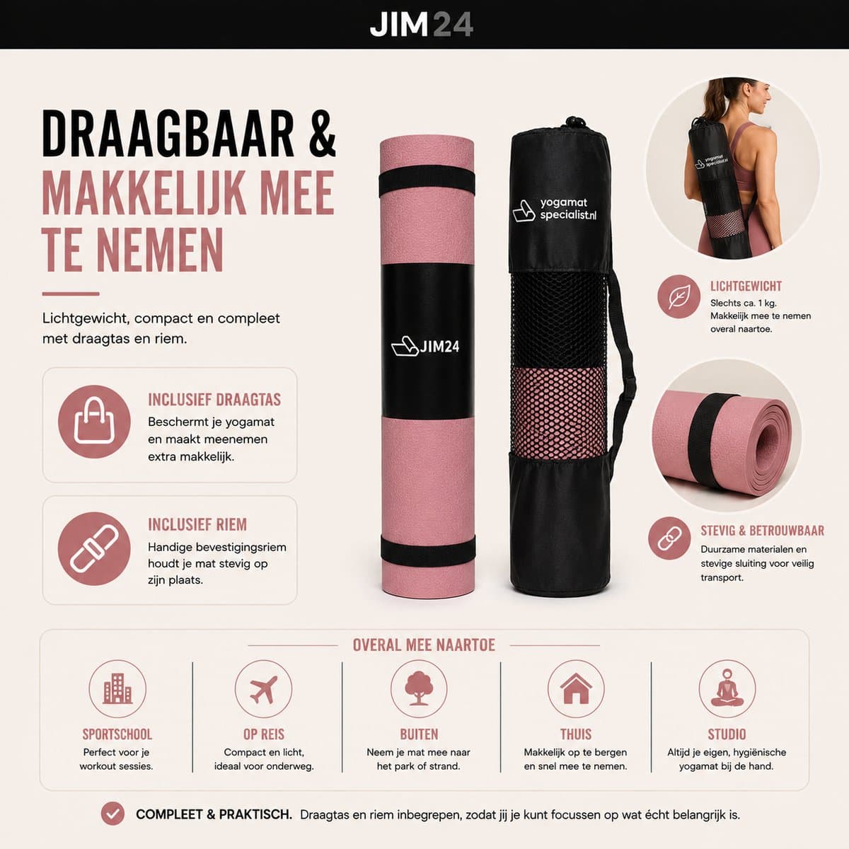 Jim24 Yogamat - Yoga Mat Antislip - Fitness Mat - Sportmat - Pilates Mat - Slijtvast - Extra Dikke Gym Mat - Duurzaam TPE - Incl. Draagtas en Riem - Zalmroze thumbnail 7