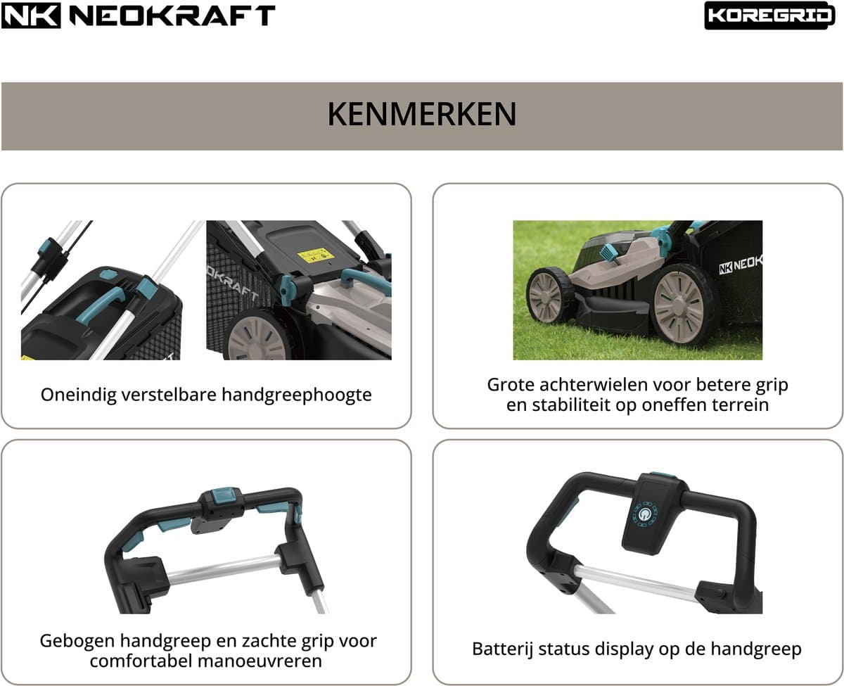 Neokraft - 40V Accu grasmaaier - 43cm maaibreedte - 5 Instelbare hoogtes - Incl 50L opvangbak - incl. accu & lader thumbnail 4