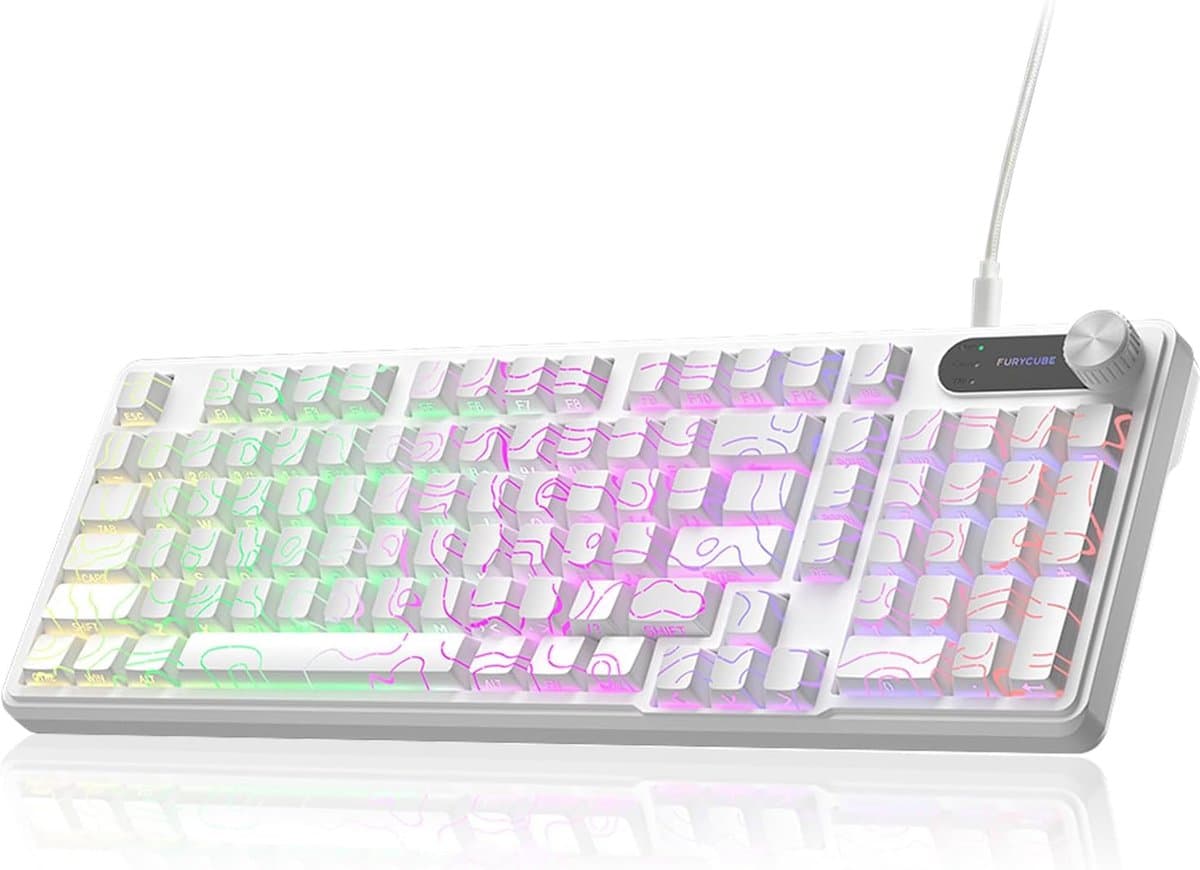 Furycube IP98 PRO - Mechanisch-Feeling Gaming Toetsenbord - 98 Toetsen - RGB Verlichting - Bedraad - 5000mAh Batterij - Wit