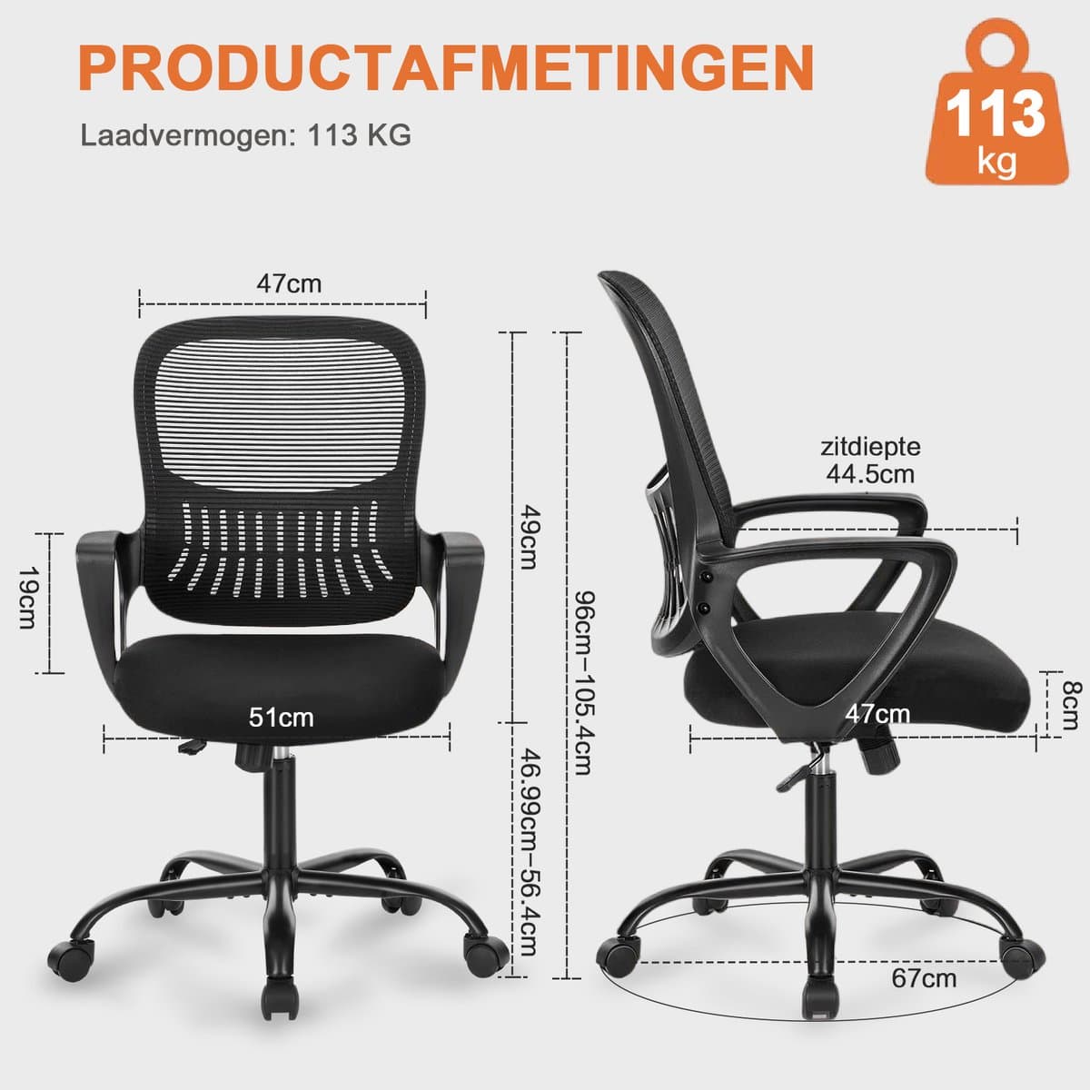 Ergonomische Bureaustoel - Mesh Office Chair - In Hoogte Verstelbaar - Vaste Armleuningen - 113 kg Draagvermogen thumbnail 6