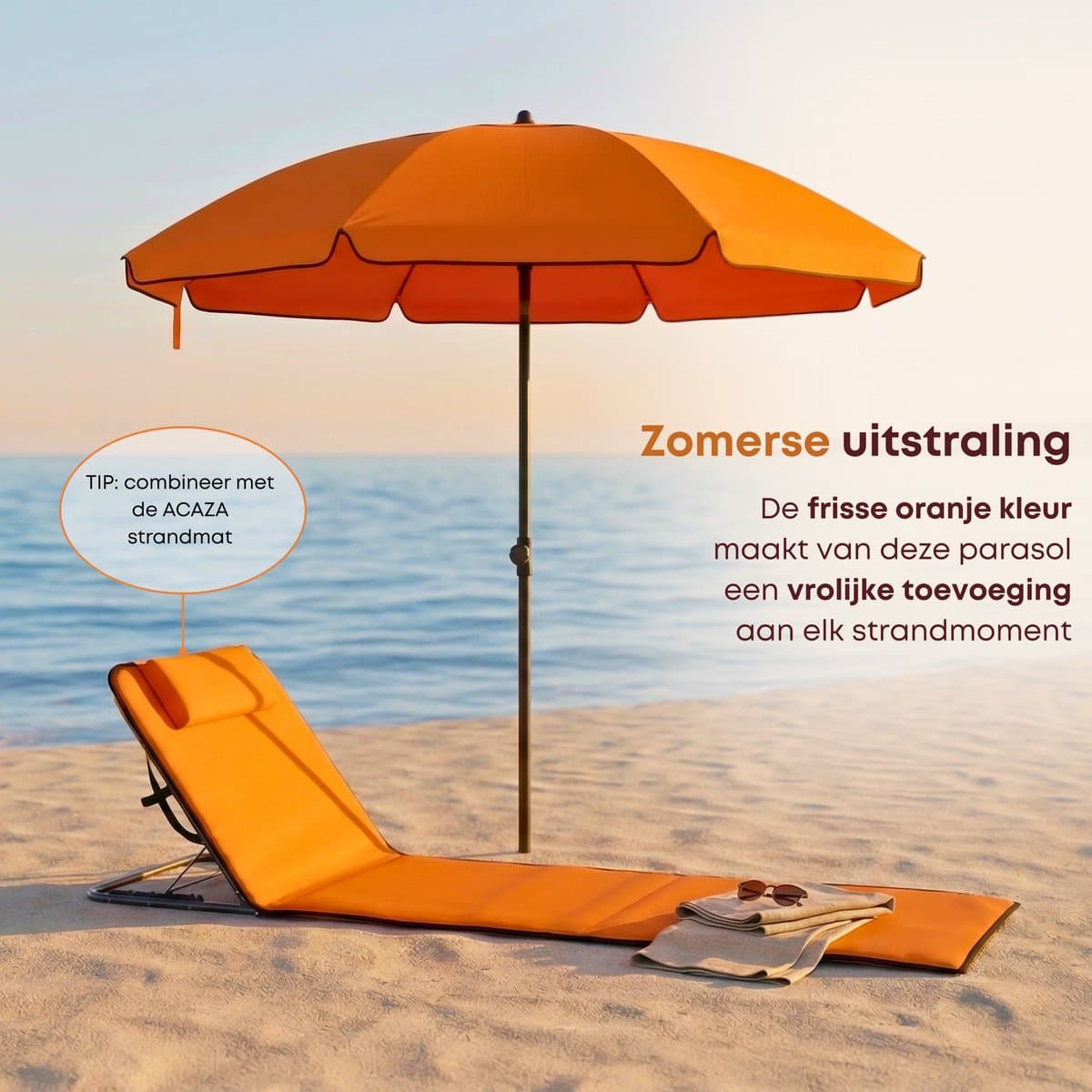 ACAZA Parasol - Strandparasol - Oranje - 160 cm diameter - inclusief Draagtas - Rond - Tuinparasol - Kantelbaar - Waterdicht - Terras Parasol voor Appartement - Parasol Strand - Tot 2 Personen thumbnail 6