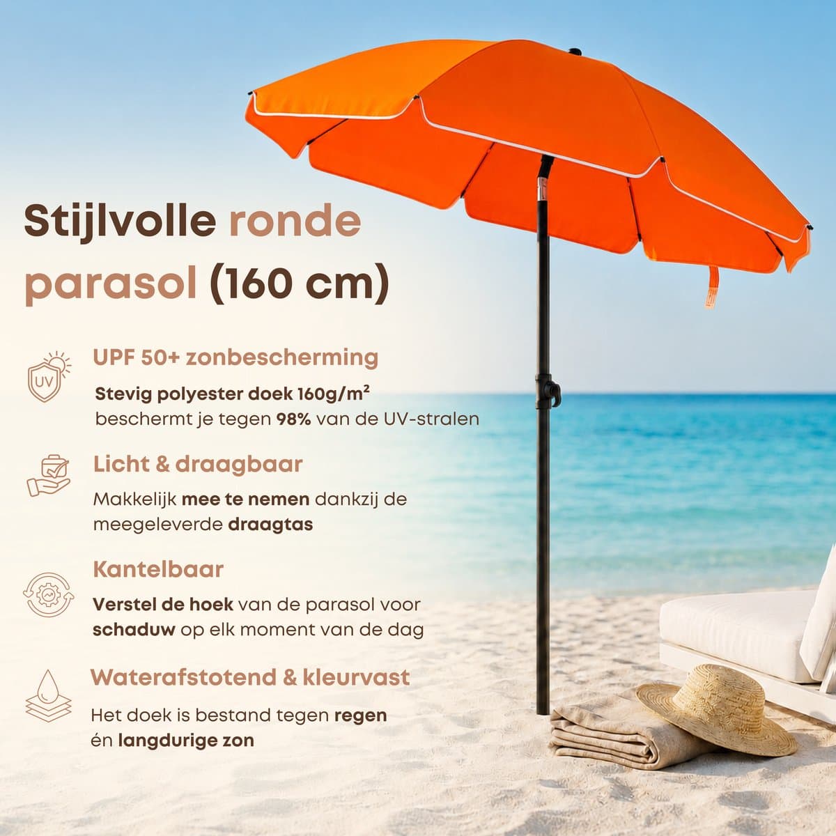 ACAZA Parasol - Strandparasol - Oranje - 160 cm diameter - inclusief Draagtas - Rond - Tuinparasol - Kantelbaar - Waterdicht - Terras Parasol voor Appartement - Parasol Strand - Tot 2 Personen thumbnail 2