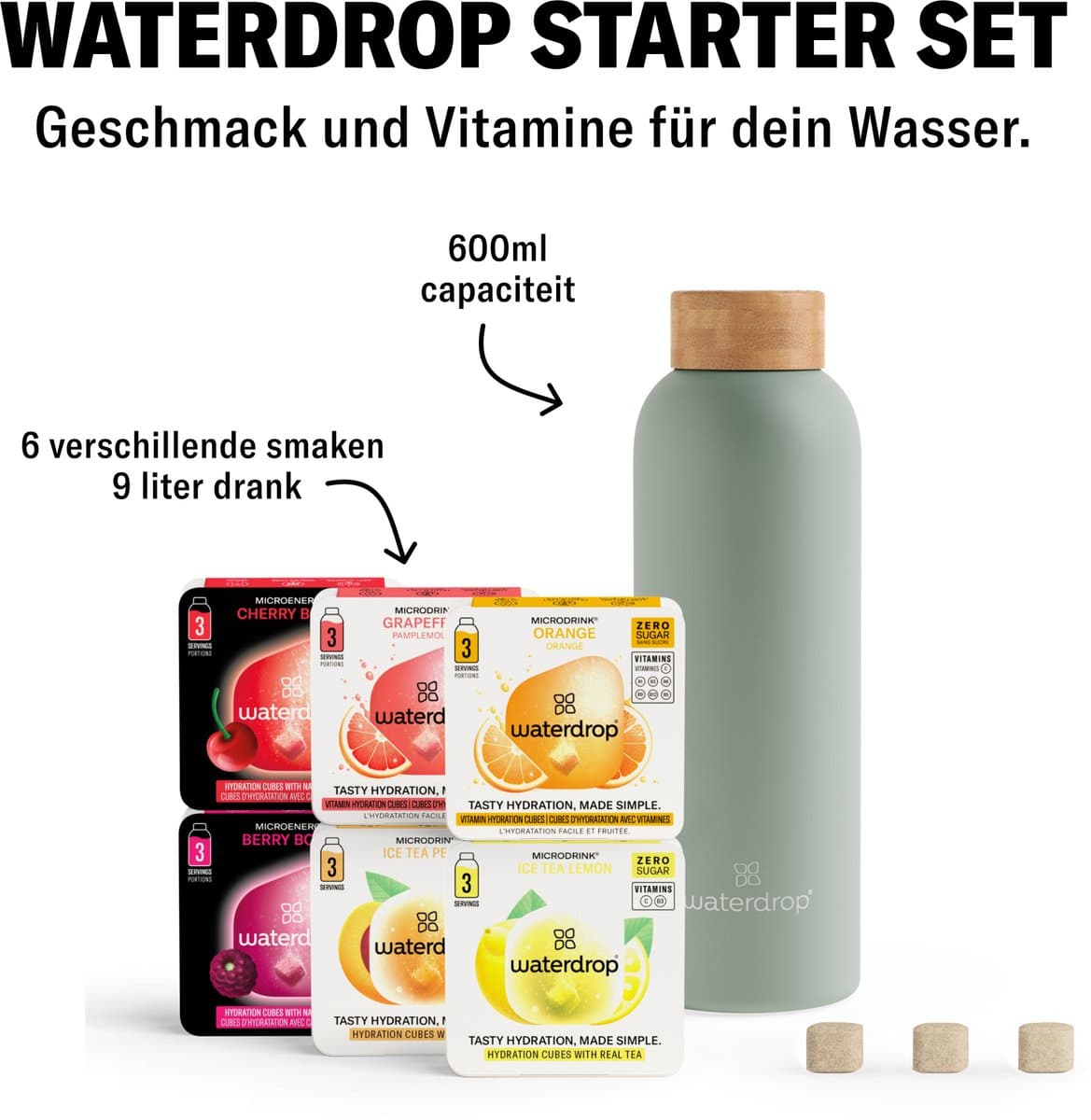 waterdrop® Starterset Metalen - Mat Olijf - Metalen Thermosfles 600ml + 18 Microdrink Bruistabletten – Geïsoleerde Drinkfles RVS, Lekvrij, BPA-vrij, Voor Sport, Werk, Reizen, School – Hydratatie Set, Cadeau Idee thumbnail 2