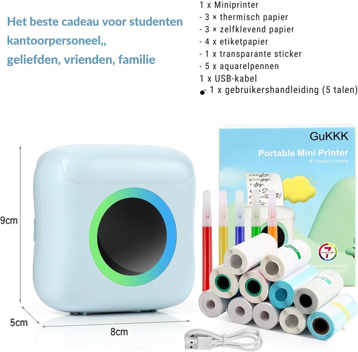 TIM® Mini Printer – Mini Printer voor Mobiel - Pocket Printer – Foto Printer Draadloos – Mobiele Fotoprinter - Blauw - 3cm x 8cm x 8cm thumbnail 4