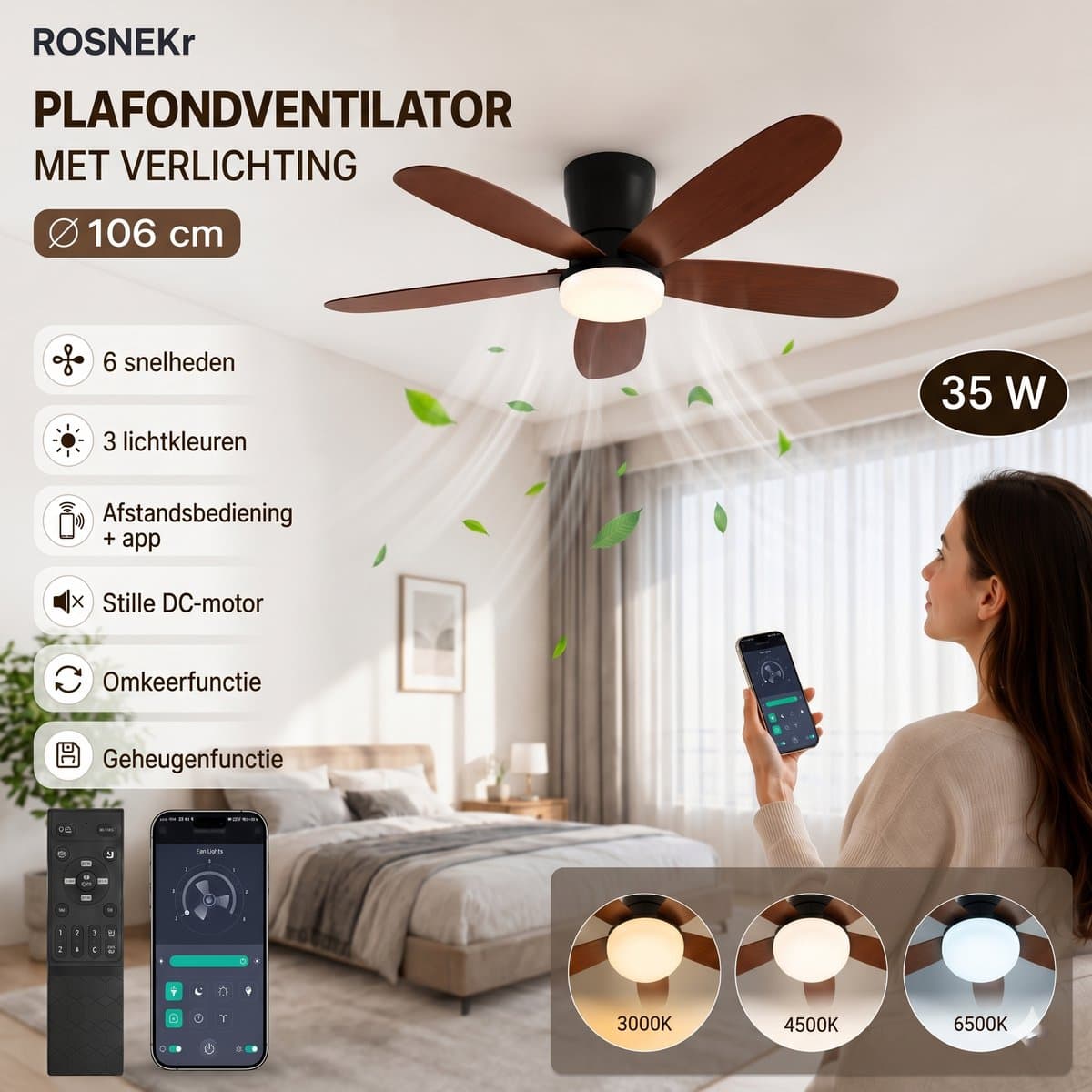MUPOO Houtlook plafondventilator met verlichting 106 cm- Afstandsbediening & App Bediening - Stille & Dimbare LED - Zomer en Winterstand-6 Snelheden & Geheugen-ventilator lamp plafond Voor Slaapkamer en Woonkamer thumbnail 3