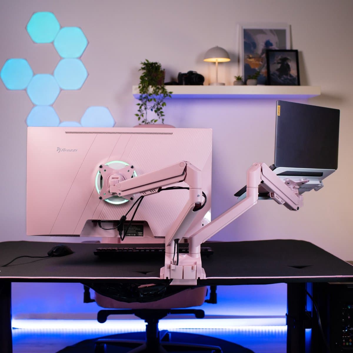 Arozzi Alzare Neo Dubbele Monitor Arm - Gasfeder - Kabelbeheer - 17" tot 34" - Roze thumbnail 8