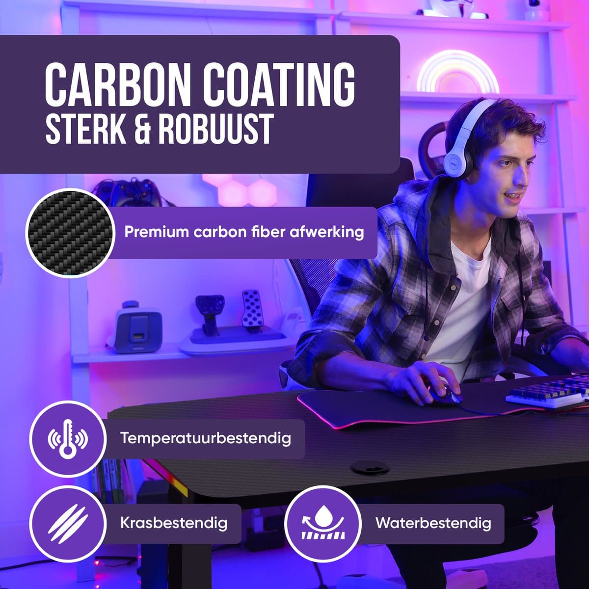 Avalo Gaming Bureau - 160x100x75 CM - L Vormig Hoekbureau - Game Desk Met LED Verlichting - Tafel - Zwart thumbnail 5