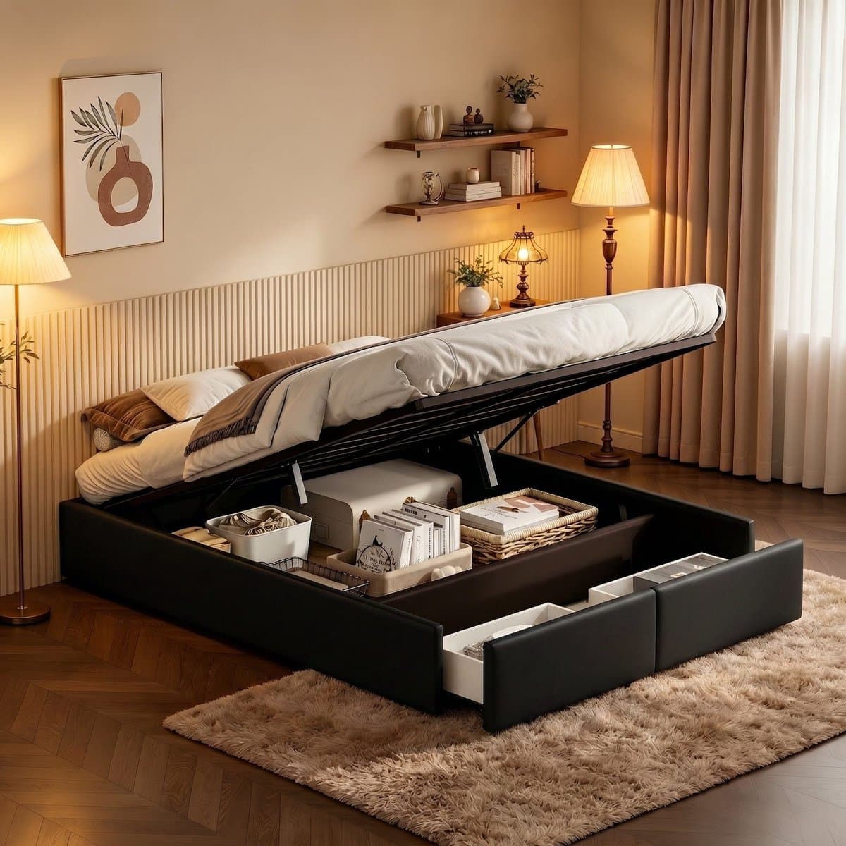 Opbergbed 160x200 cm – Grijs Linnenstof Bed met 2 Lades – Tweepersoons Bedframe met Opbergruimte – Modern Slaapkamer Bed