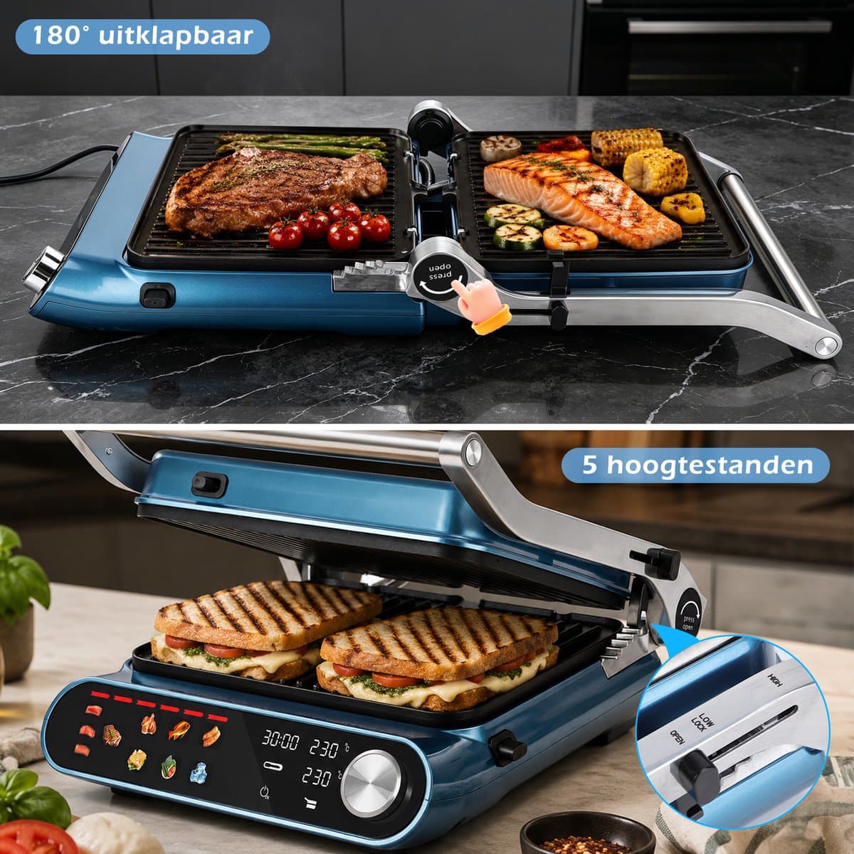Taylor Swoden Contactgrill - Tosti apparaat - Dubbele Temperatuurregeling - Tosti ijzer - 2000W - Panini Grill met Touchscreen en Draaiknop - 180° Uitklapbaar - Temperatuursonde - Instelbare Hoogte thumbnail 4