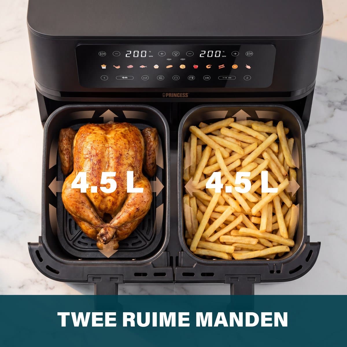 Princess 182272 Dubbele Airfryer - 2x 4.5L - 9 liter - 2 manden - XXL - Touchscreen - Kijkvenster - 12 programma's - 3100W thumbnail 3