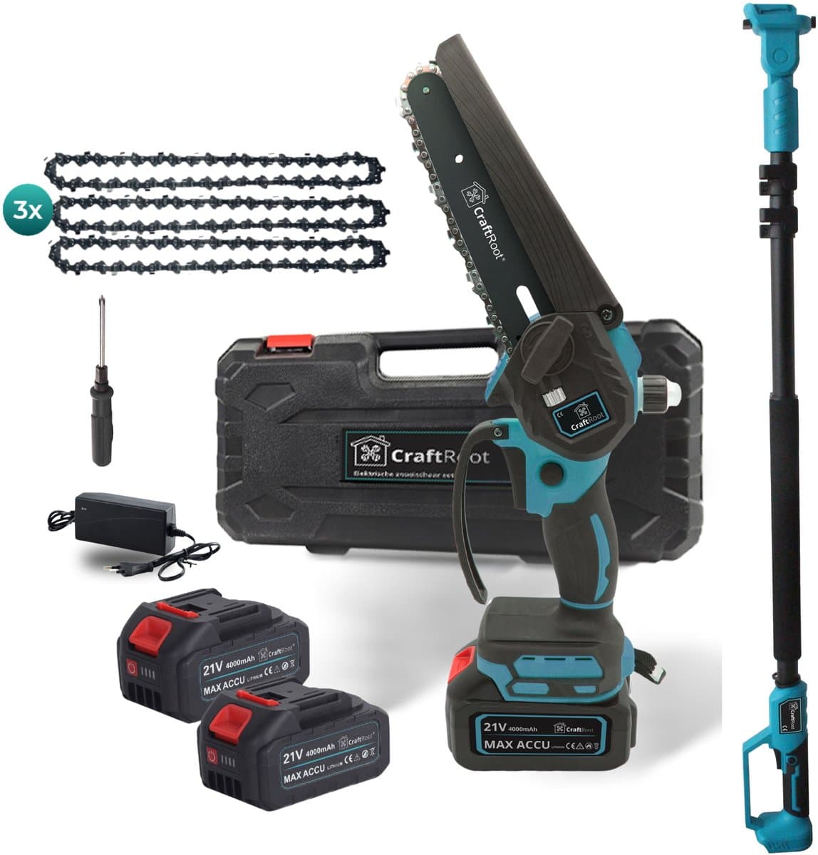CraftRoot Elektrische Mini Kettingzaag + Telescopische Verlengstok – 270cm Bereik - Draadloze Compacte Kettingzaag met Automatische Kettingsmering - Handkettingzaag - Snoeizaag - Takkenzaag - 2x 4.0Ah Accu's - Opberg Koffer - Brushless - afbeelding 1
