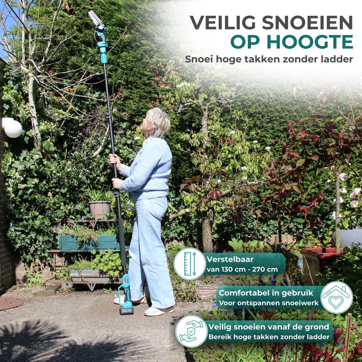 CraftRoot Elektrische Mini Kettingzaag + Telescopische Verlengstok – 270cm Bereik - Draadloze Compacte Kettingzaag met Automatische Kettingsmering - Handkettingzaag - Snoeizaag - Takkenzaag - 2x 4.0Ah Accu's - Opberg Koffer - Brushless thumbnail 8