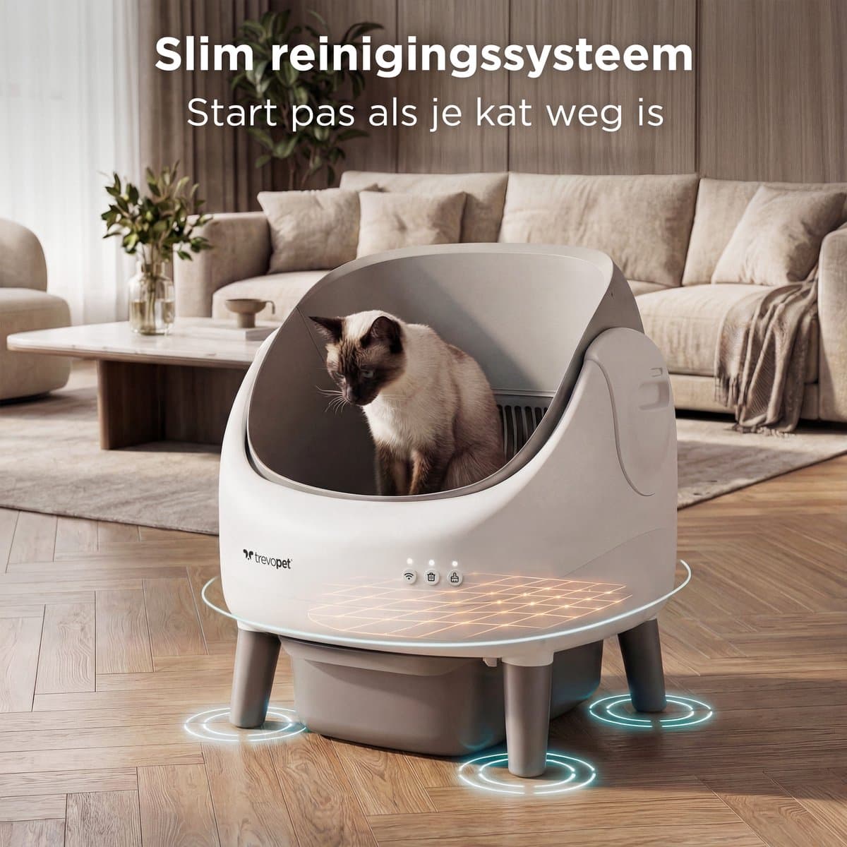 TrevoPet® Air - Automatische Kattenbak met App - Zelfreinigend & Veilig - Voor Katten tot 12KG - Incl. Mat, 60 Afvalzakjes & Accessoires - 10L Afvalbak - Wit & Grijs thumbnail 3