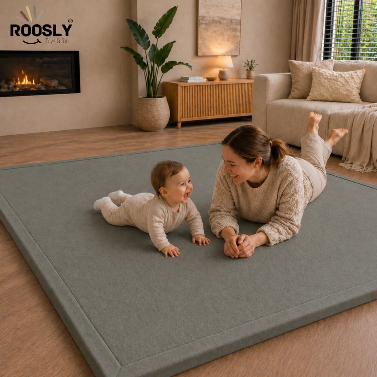 Roosly Speelmat Baby - Fluwelen Speelkleed baby - speeltapijt - kruipmat - playmat - Extra Dik Traagschuim 3 cm - Antislip - Zacht & Veilig - 150 x 200 cm - Stone Grey thumbnail 4